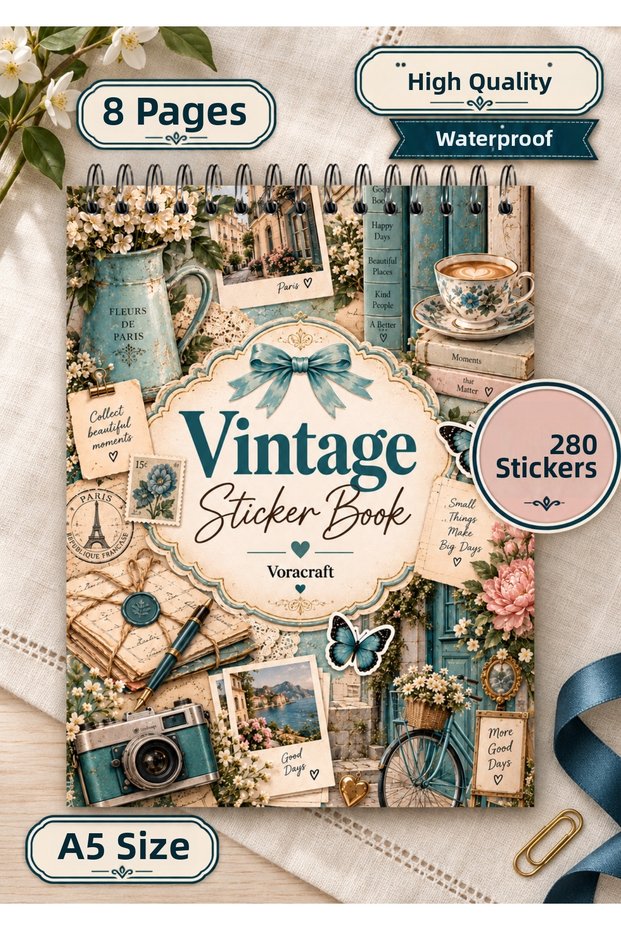 280 Pieces Vintage Sticker Book 8 Pages A5, Agenda Journal Scrapbook Planner Stb00002