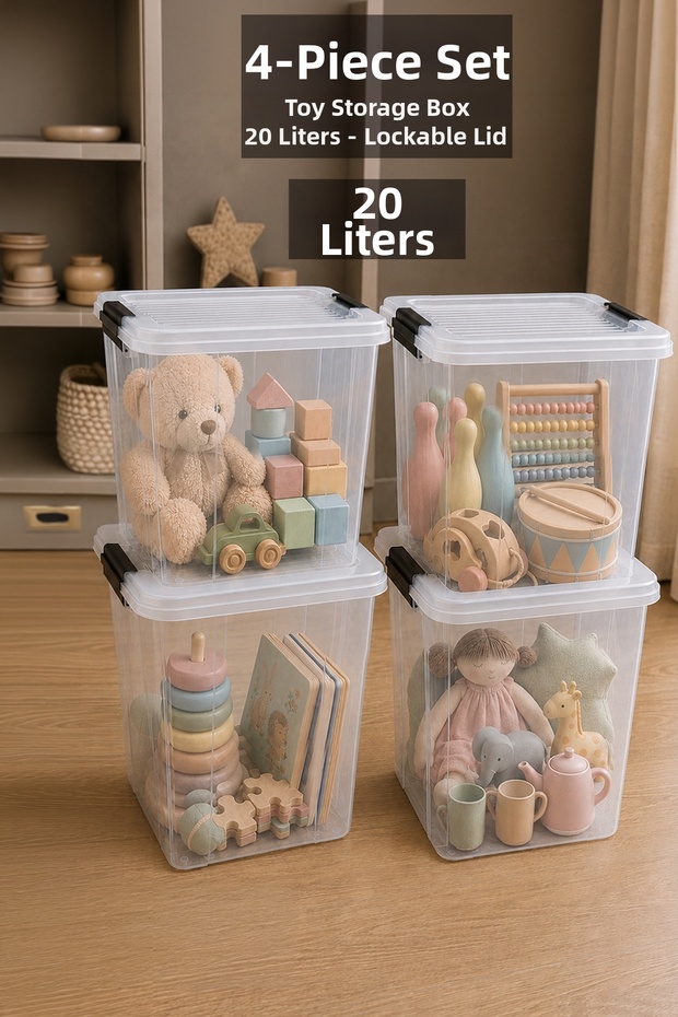 4-Piece Deep Toy Organizer - Baby Room Organizer with Locking Lid, Storage Box 20Lt Transparent