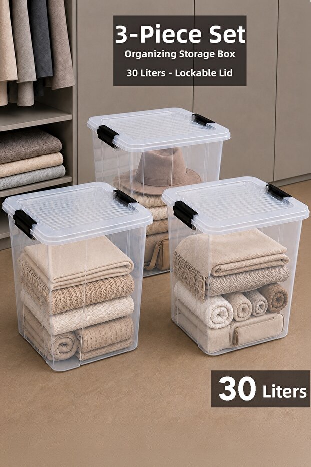 3-Piece 30Lt Lockable Lid Storage Box - Elora Multi-Purpose Organizer Deep Organizer Box Transparent