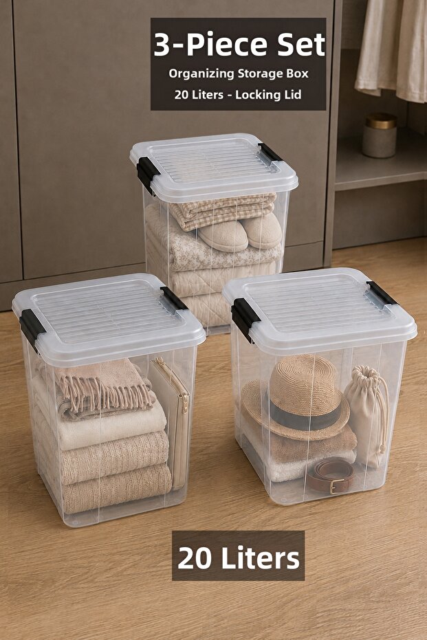 3 Pieces 20Lt Deep Organizer Box - Elora Multi-Purpose Organizer Storage Box with Lockable Lid Transparent