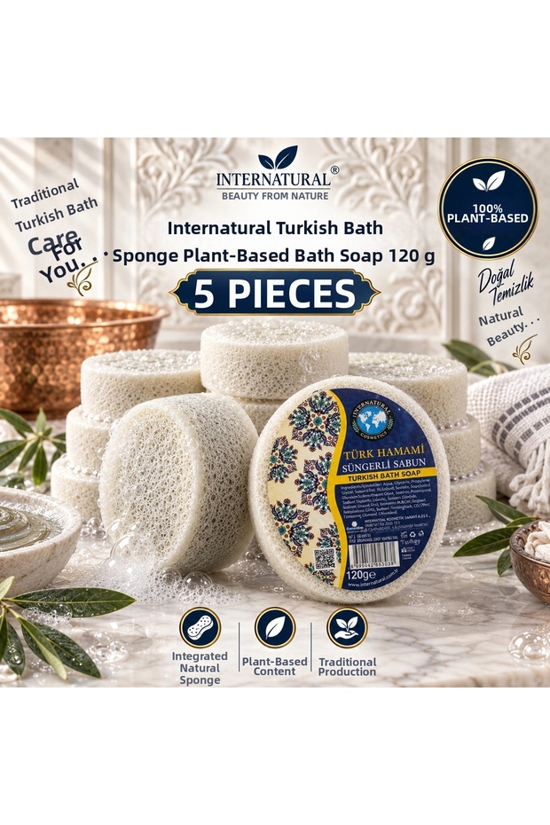 Internatural Turkish Bath Herbal Bath Soap with Sponge 5-Pack (5 X 120 g)