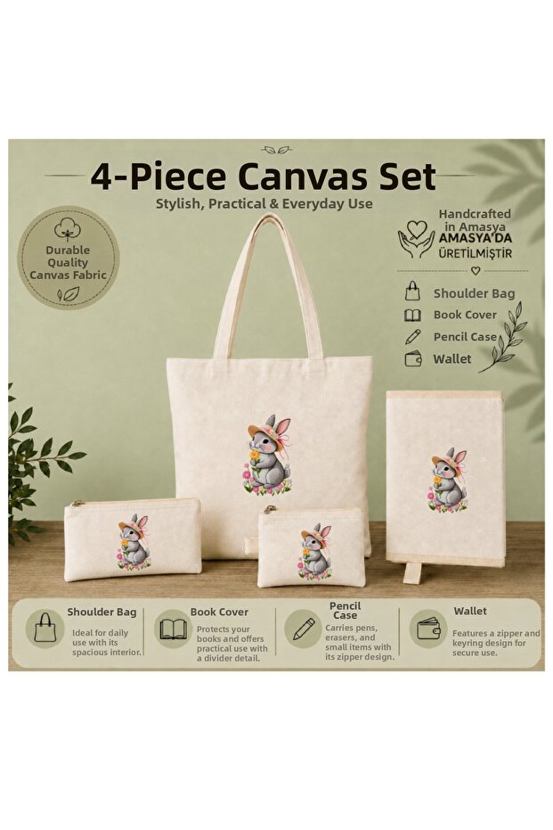 4-Piece Canvas Handmade Bag Set, Shoulder Bag, Book Cover, Wallet and Pen Holder, Bag Set, Book Bag, Gift Bag Set, Book Lover Gift, Organizer, Notebook Agenda Cover