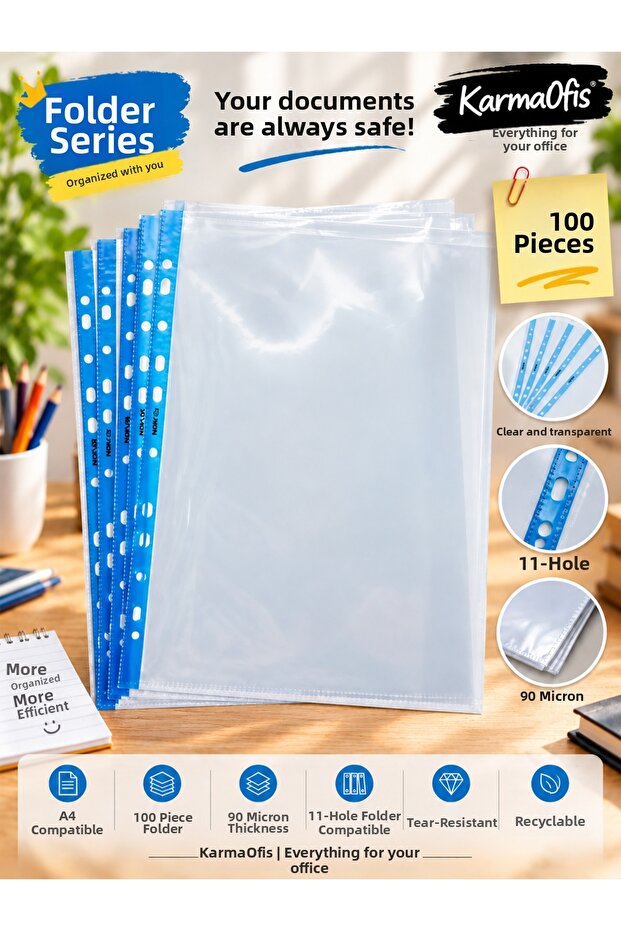 A4 90 Micron Crystal Pouch File with Blue Stripes 11 Holes – 100 Pieces Optional