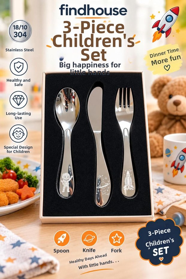 Gift Rocket Patterned Spoon, Fork, and Knife Set for Children Aged 3-8, 18/10 304 Stainless Steel Kindergarten