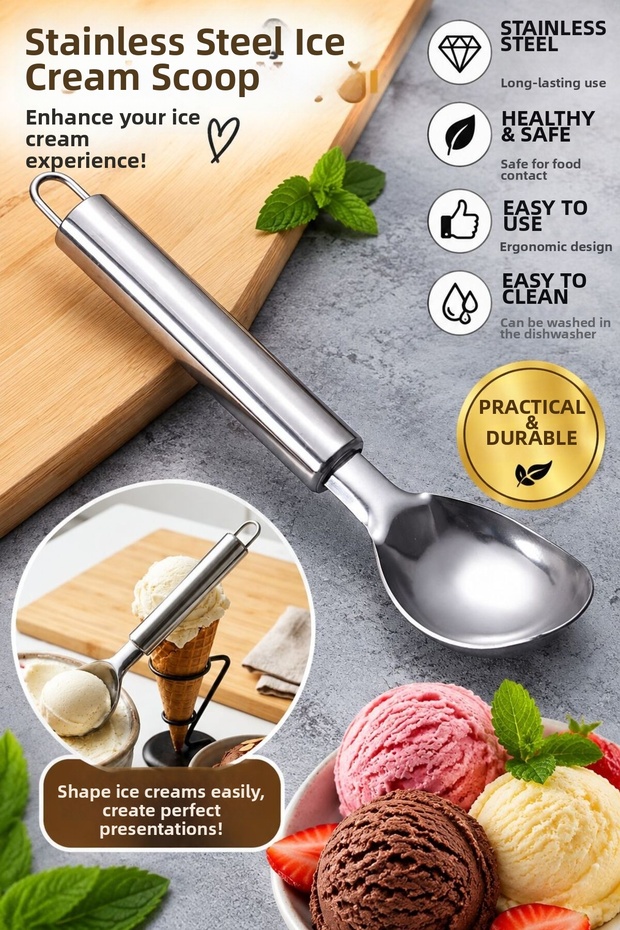 Stainless Steel Ice Cream Scoop (20.5 cm) – Fruit, Cookie, and Portioning Spoon