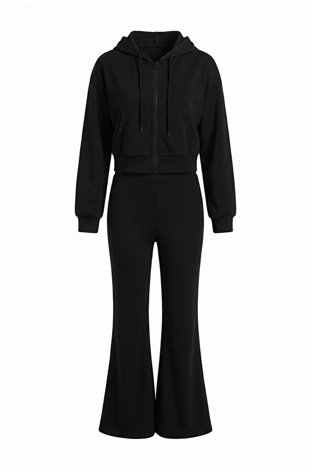 Siyah Fitted/Vücuda Oturan Flare Paça Soft/Yumuşak Dokunuşlu Örme Alt - Üst Takım TWOAW27AU00012