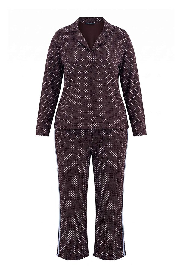 Brown Polka Dot Patterned Shirt Knitted Large Size Pajamas Set Tbbaw27Ai00044