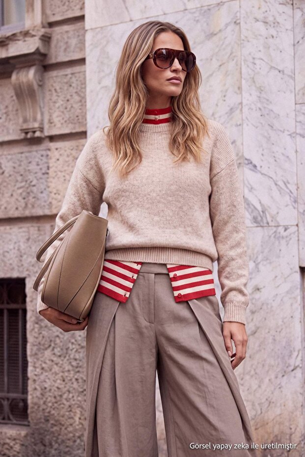 Wardrobe Essentials Beige Mohair Look Soft Textured Special Quality Knitwear Sweater Twoaw27Kz00102
