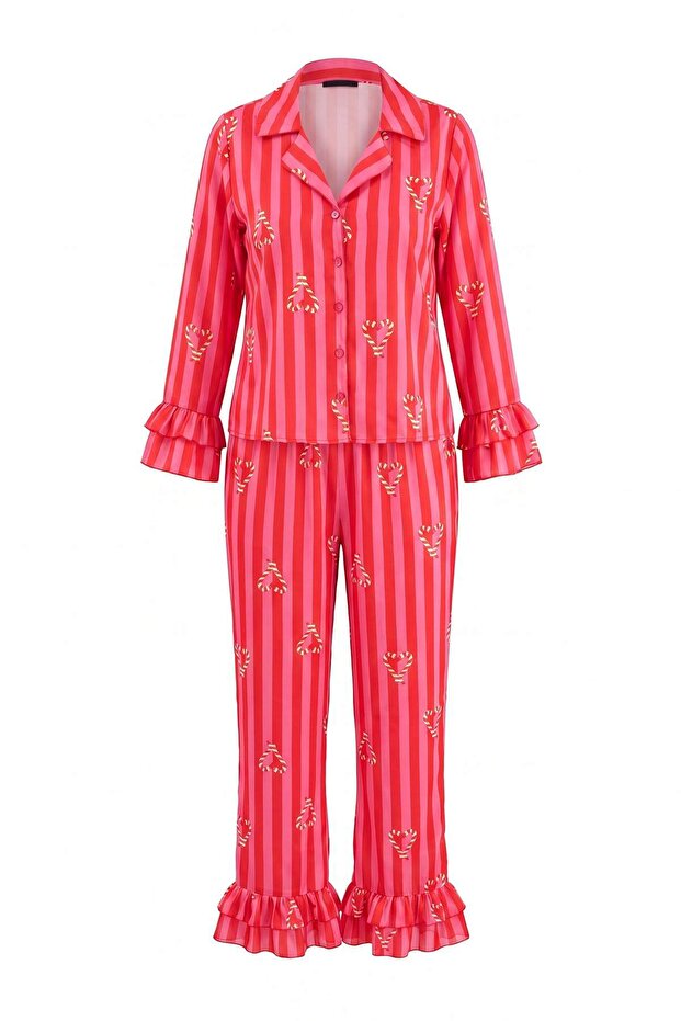 Pembe Yılbaşı Saten Dokuma Pijama Takımı THMAW27PT00144