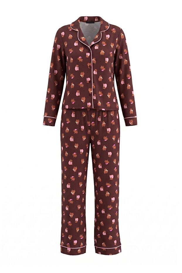 Brown 100% Cotton Ribbed Capybara Patterned Knitted Pajama Set Thmaw27Pt00209