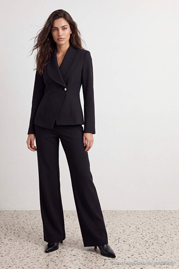 Siyah Kruvaze Kapama Blazer Ceket Pantolon Dokuma Alt - Üst Takım TWOAW26AU00145