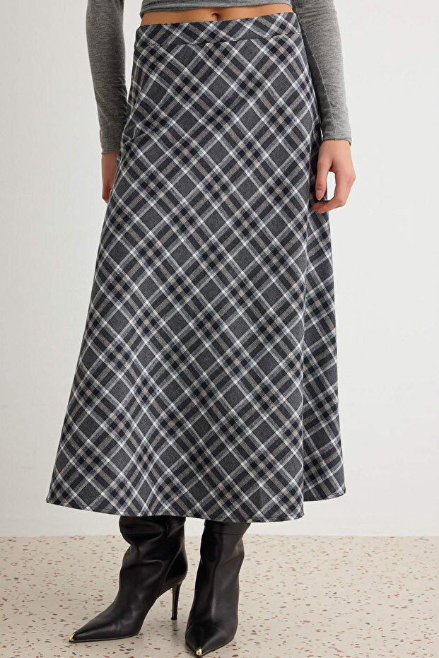 Anthracite Plaid Flared Flannel Winter Maxi Long Skirt Twoaw27Et00098