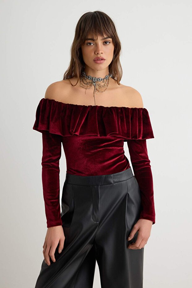 Bordo Carmen Yaka Kadife Body TPRAW27BD00011