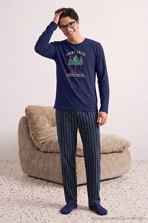 Navy Blue Regular Fit Striped Christmas Themed Knitted Pajama Set Tmnaw27Pt00032