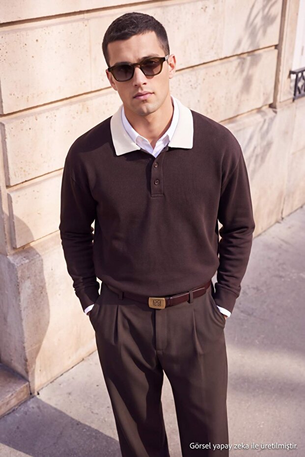 Kahverengi Düşük Omuz Regular Wardrobe Essentials İnterlok Polo Yaka T-shirt TMNAW27PO00003