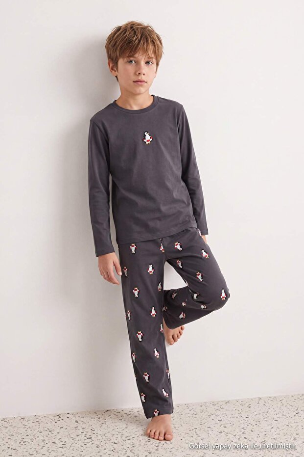 Antrasit Erkek Çocuk 100% Pamuk Animal Baskılı Regular Örme Pijama Takımı TKDAW26PT00005