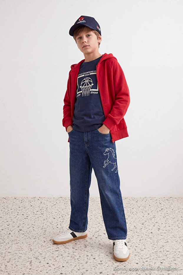 Dark Blue Flexible Fabric Boys' Embroidered Adjustable Elastic Jean Trousers Tkdaw27Je00018