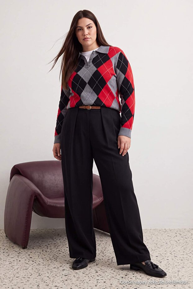 Siyah Kahverengi Kemerli Wide Leg Büyük Beden Pantolon TBBAW27AR00021