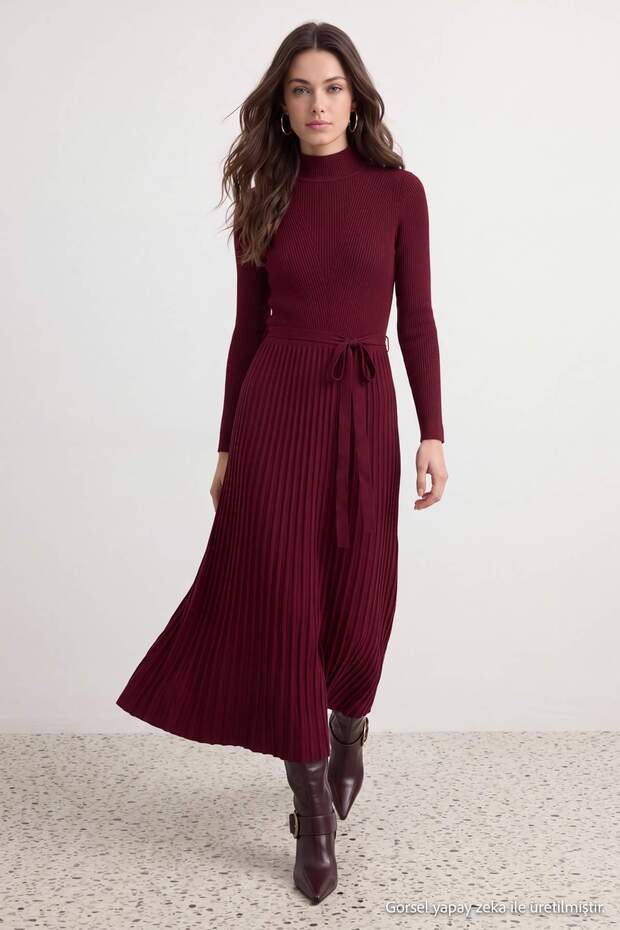 Bordo Düz Kemerli A Line Triko Tesettür Elbise TCTAW27EB00021