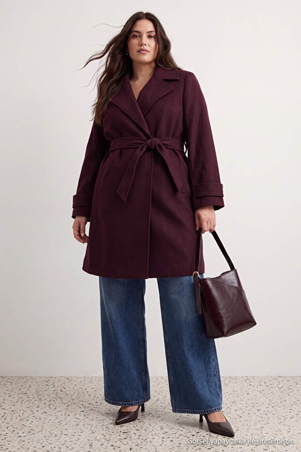 Mürdüm Regular Fit Wide Collar Detailed Long Wool Blend Cashmere Plus Size Coat Tbbaw25Dd00011