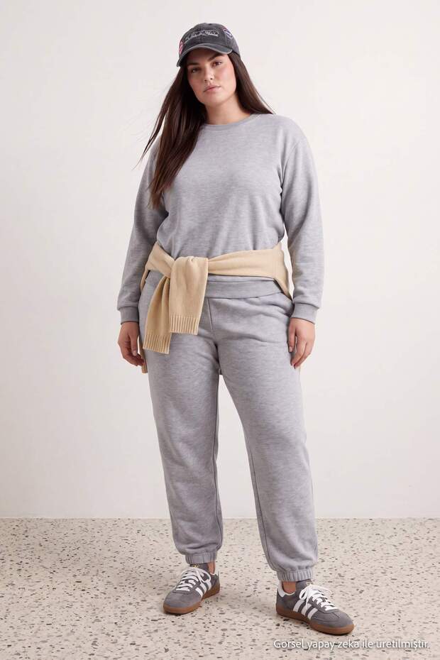 Gray Thick Inside Fleece Basic Knitted Large Size Tracksuit Set Tbbaw24Ts00000