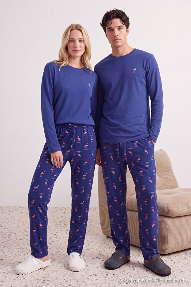 Navy Blue Regular Fit Flamingo Printed Knitted Pajama Set Tmnaw27Pt00022