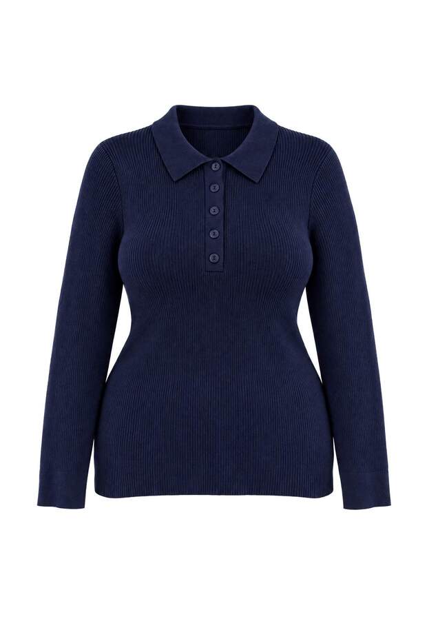Wardrobe Essentials Lacivert Premium İplik/Özel İplik Triko Büyük Beden Kazak TBBAW27AN00070