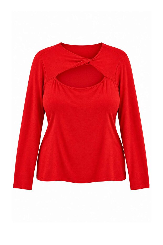 Kırmızı Cut Out Detaylı Vücuda Oturan Yumuşak Tuşeli Esnek Örme Bluz TBBAW27AF00042