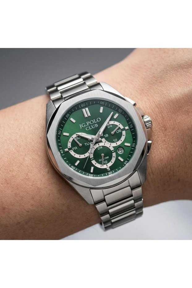 Men's Wristwatch Silver Color, Green Dial - Stylish Metal Band, 2 Years Warranty