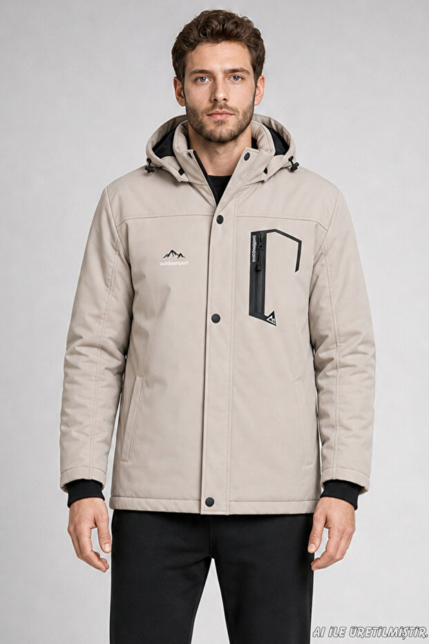 Men's Stone Hooded Fur-Lined Water and Wind-Resistant Outdoor Softshell Coat