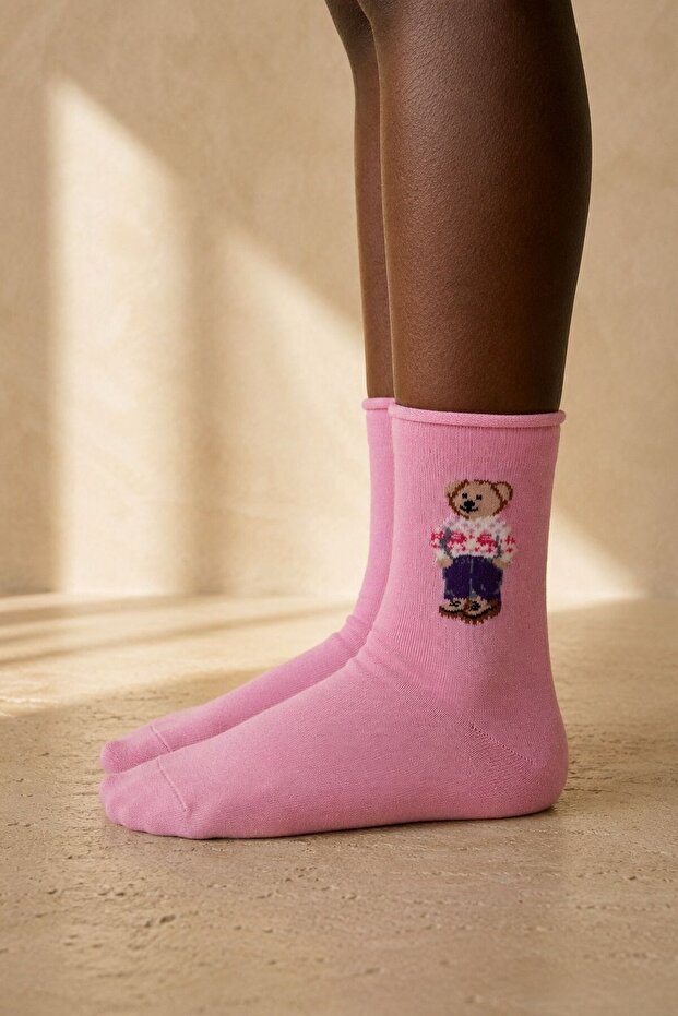 Girl's Teddy Patterned Latex Free Modal Socks Pink