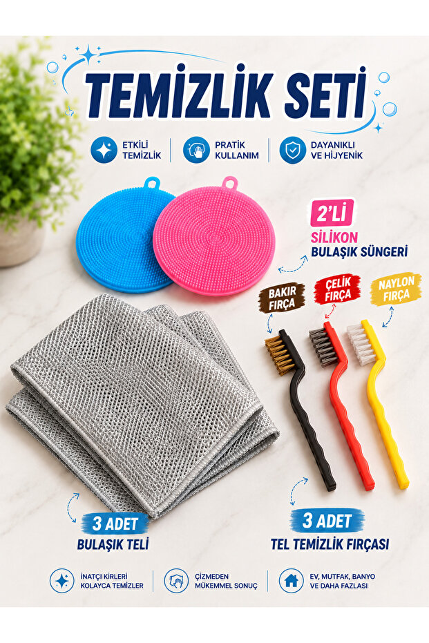 Cleaning Set 8 Pieces – 3-Pack Dishwashing Wire, 3-Pack Wire Cleaning Brush, 2-Pack Silicone Dish Sponge