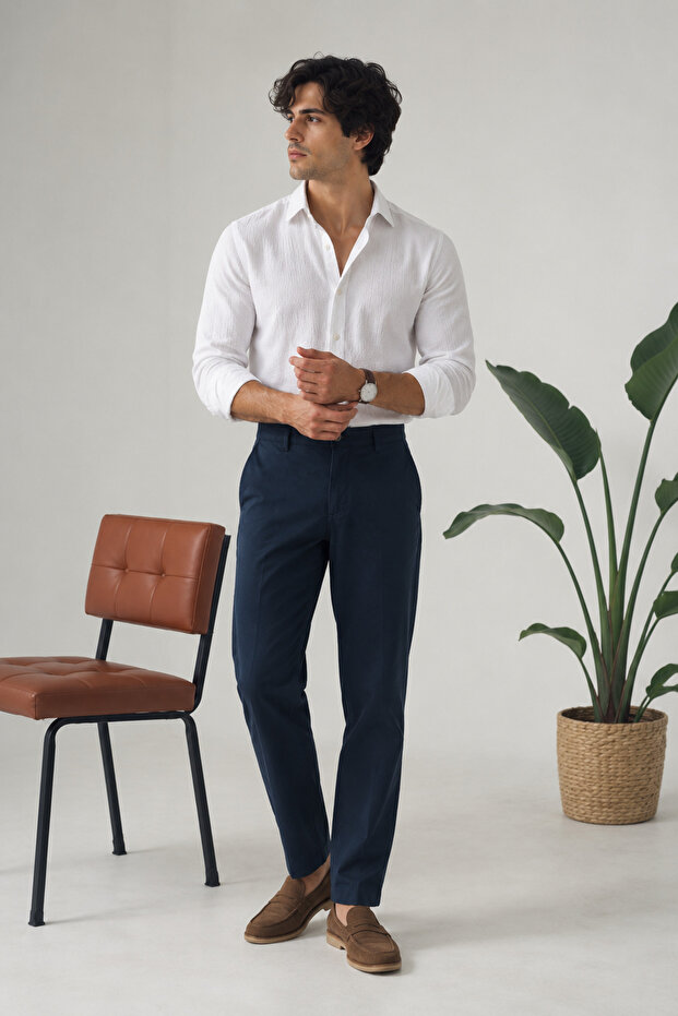 Men's Dobby Slim Fit Navy Blue Trousers