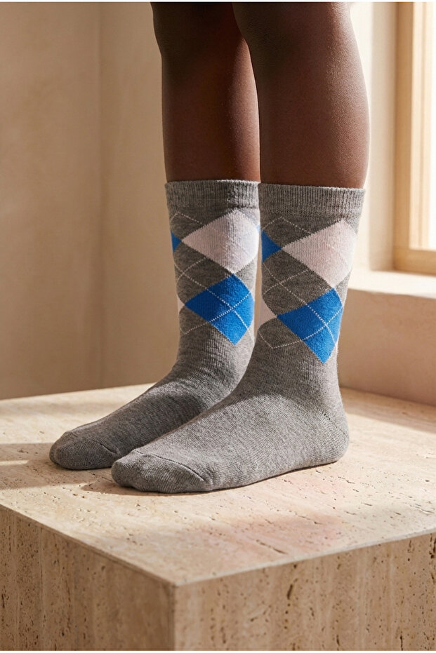 Children's Plaid Patterned Socks Gray Melange