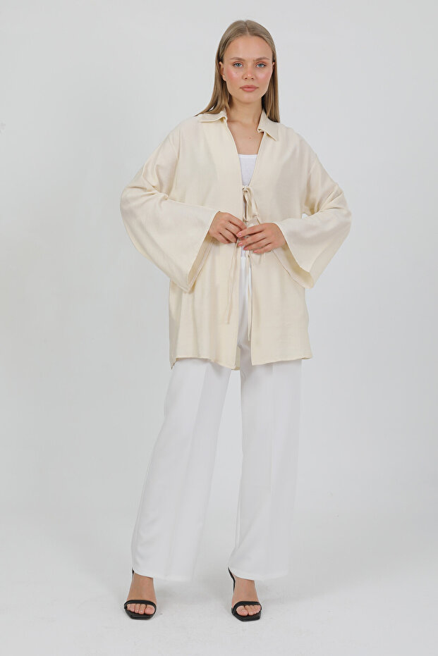 Natural Viscose Fabric Pocketed Lace-Up Women's Kimono 1167