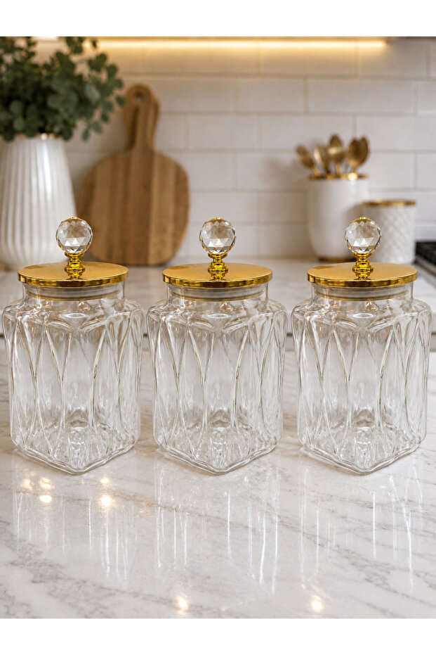 3-Piece Diamond Handle Vacuum Gold Metal Lid Prism Shape Model Diamond Pattern Jar Organizer 3X1000 ml
