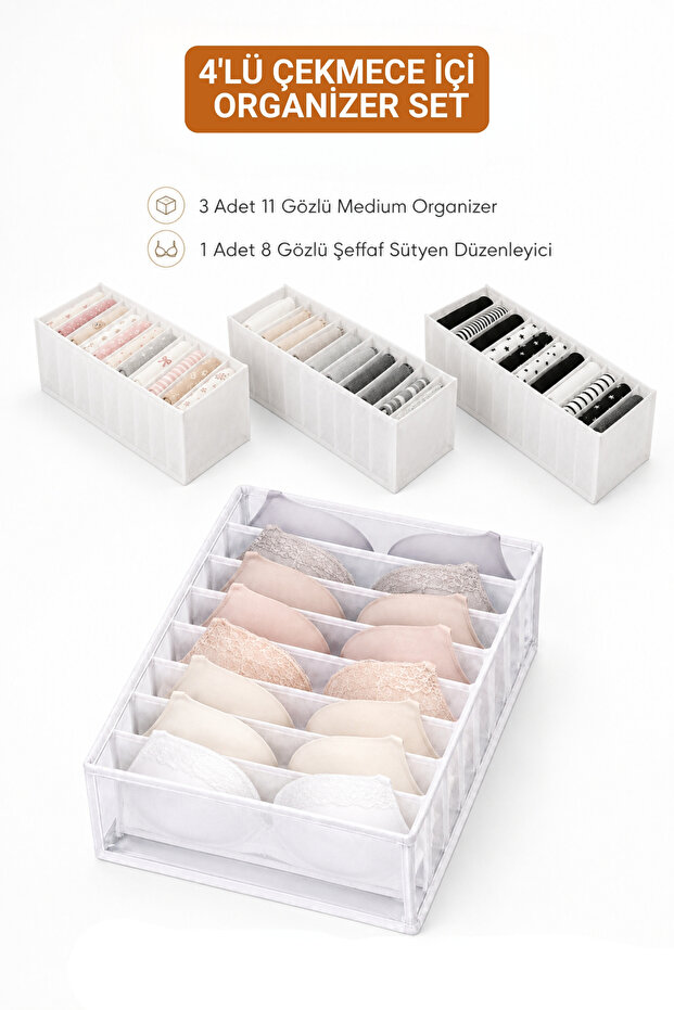 5-Piece Drawer Organizer Set, 11-Compartment Sock Organizer and 8-Compartment Bra Organizer
