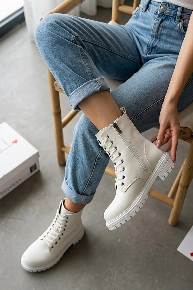 Nadya White Lace-Up Casual Women's Boots