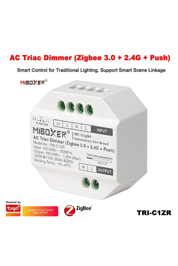 TRI-C1ZR Miboxer TRI-C1ZR AC100-240V Zigbee 3.0+2.4GRF+Push TUYA Remote Push Switch Halogen lights T
