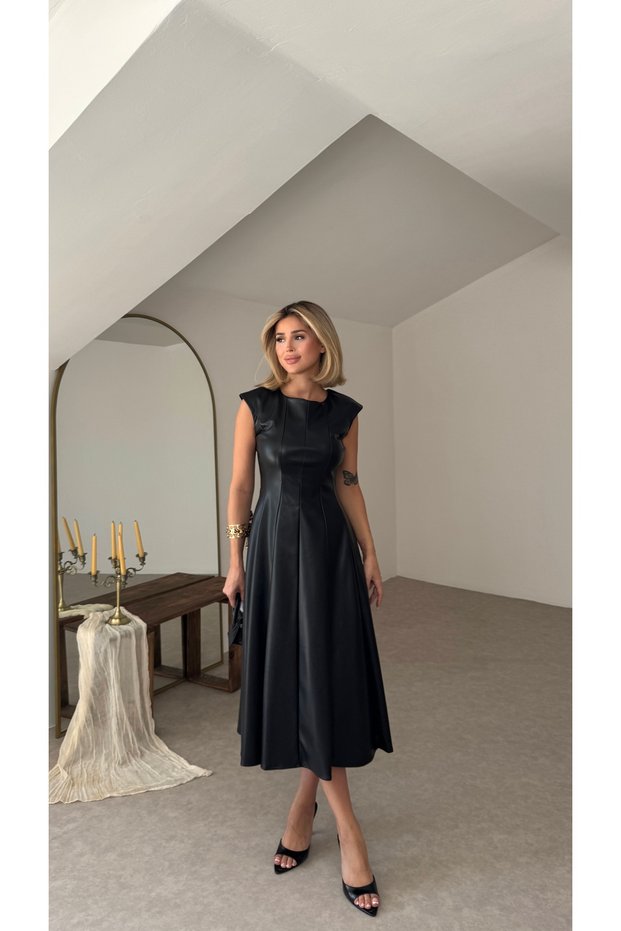 Leather Midi Length Sleeveless Special Occasion Casual Women's Dress