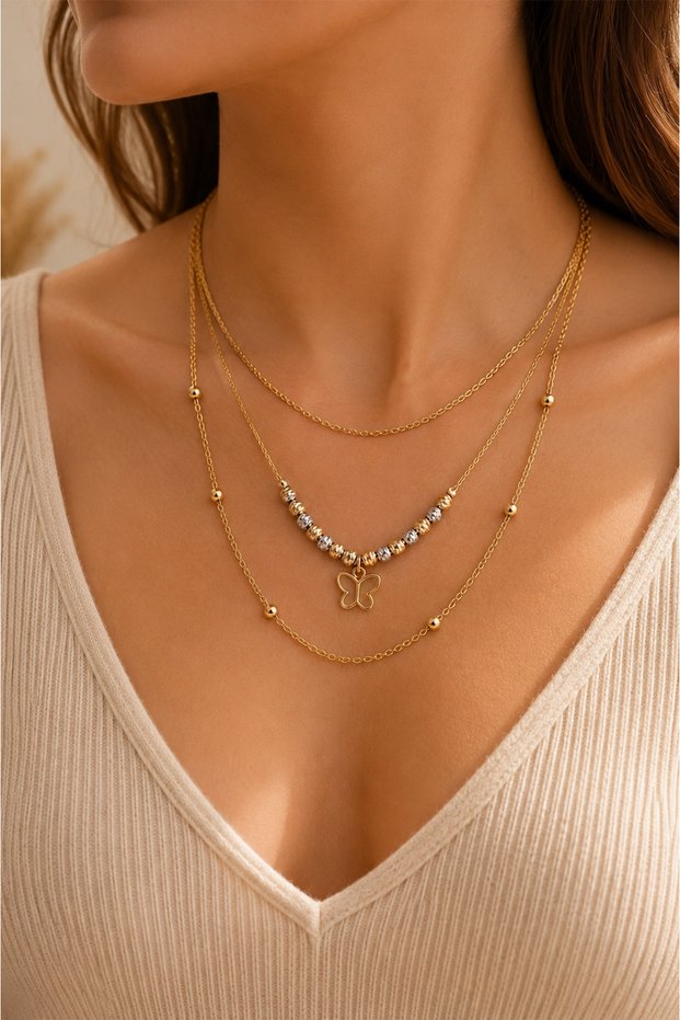 Golden yellow butterfly tipped dorica bead detailed 3-piece chain necklace set