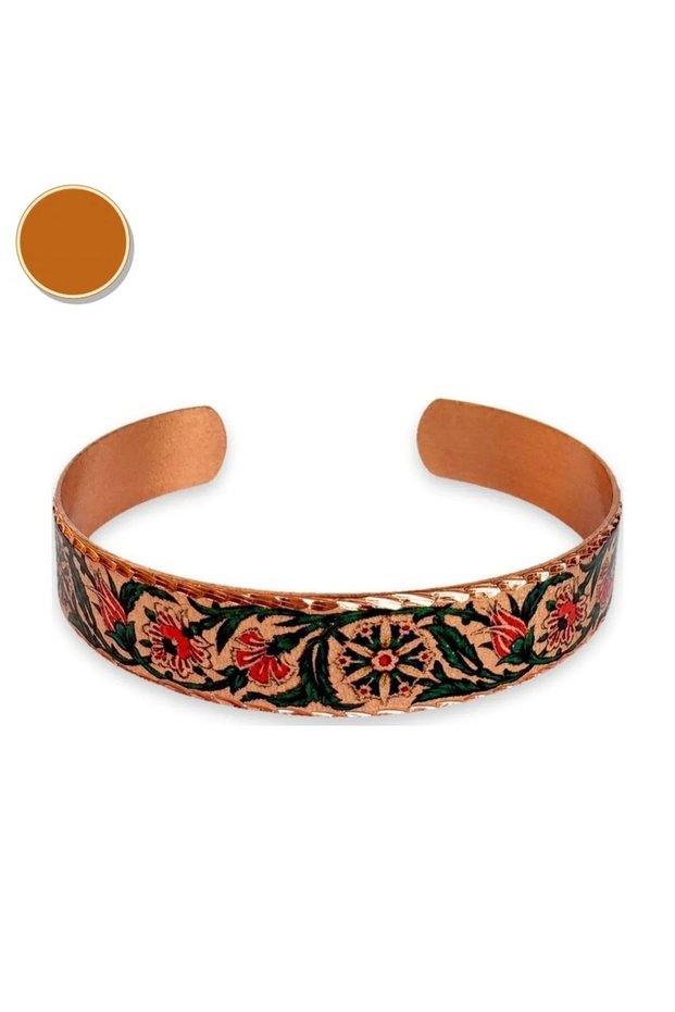 Green red floral kilim thin copper bracelet, adjustable