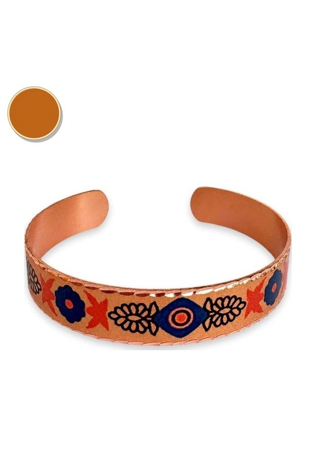 Orange blue evil eye flower thin copper bracelet, adjustable