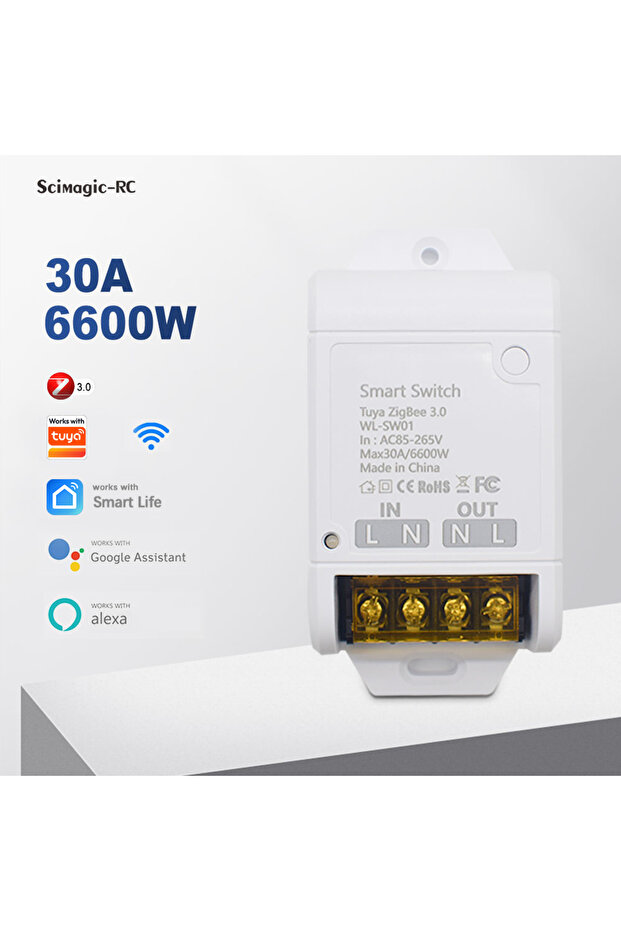 مفتاح تحكم ذكي زيجبي 30 أمبير، تحكم ثنائي الاتجاه، 85-250 فولت تيار متردد، 6600 واط، وحدة مؤقت، تحكم عن بعد عبر تطبيق سمارت لايف