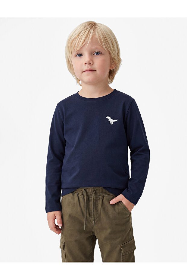 Dinosaur Embroidery Long Sleeve Crew Neck Cotton T-Shirt