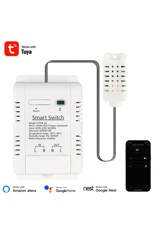 Tuya WiFi Switch 16A 3000W Wireless Control with Power Consumption Monitoring Temperature and Humidi