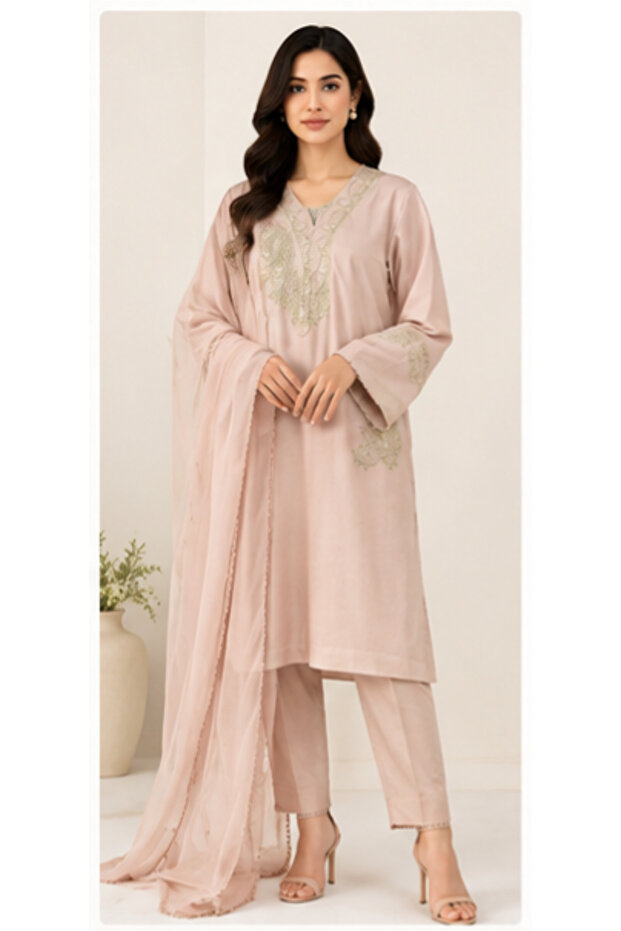 3 Pc Pink Oranza Embroidered Suit