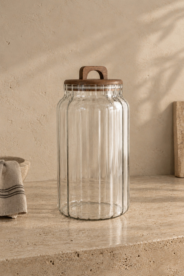Ligna 4000 ml Acacia Vacuum Lid Striped Glass Jar