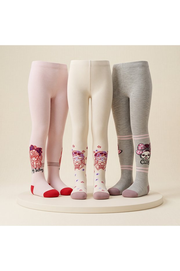 80% Cotton Girls' 3-Pack'Fashion Icon' Cotton Pantyhose Set with Girl Figures