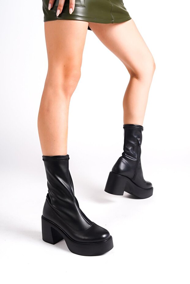 Orla Black Thick Platform Heeled Flexible Stretch Boots
